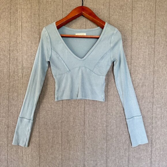 Free People We The Free Lightning Cloudy Blue Long Sleeve Crop T Shirt Size L - Picture 1 of 9